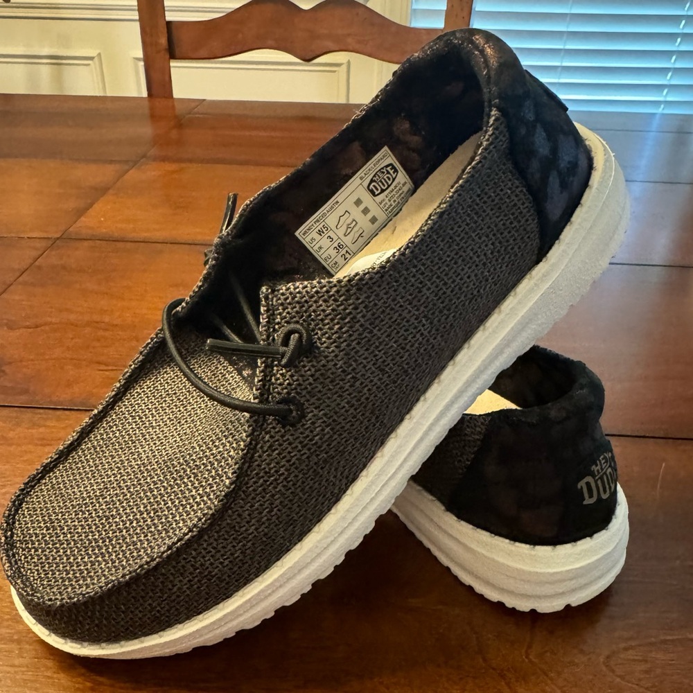 Wendy Pieced Austin- Black/Leopard Hey Dudes (NWOB)